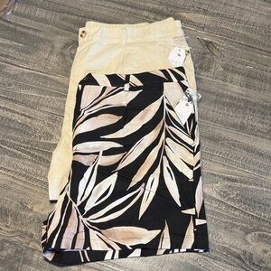 Time and Tru Black Mini Shorts with Metallic Beige Leaf Print
